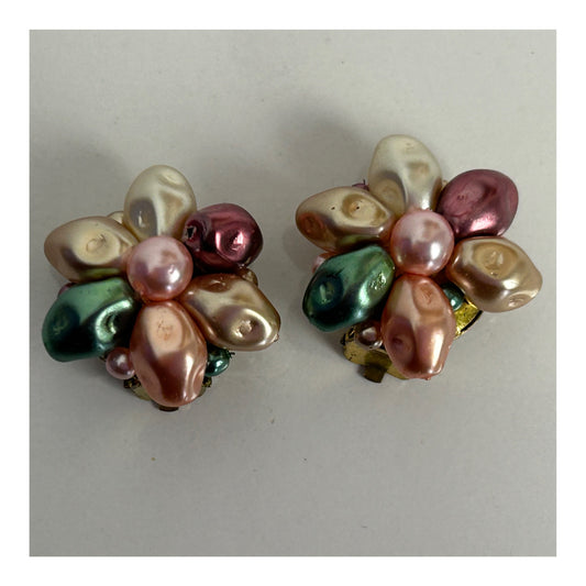 Vintage 1960s Cute Little Pastel Colour Beaded Flower Clip On Earrings
