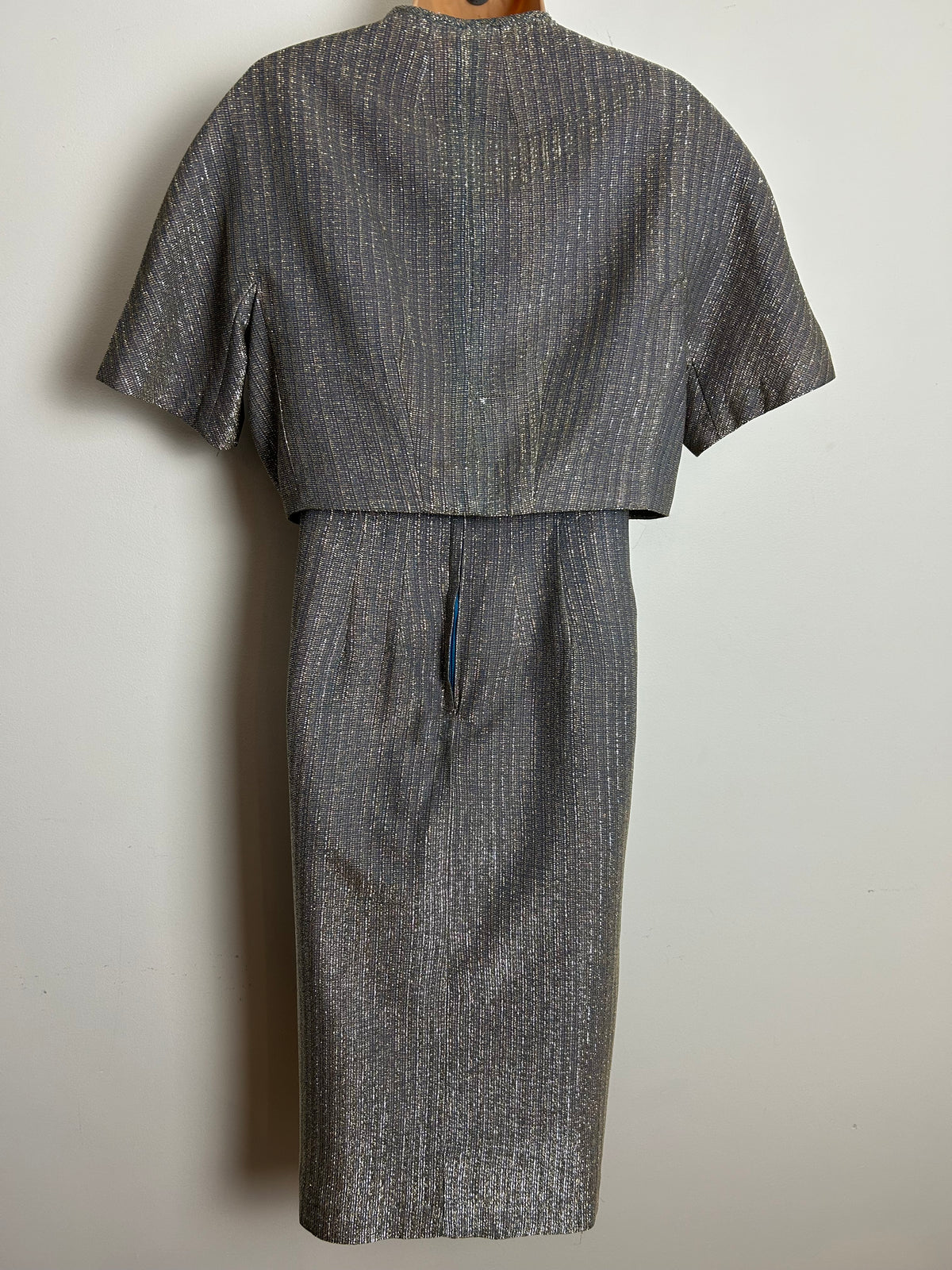 Vintage 1960s BERBRIGHT LONDON Size 12 Silver Lurex Braid Trim Evening Party Dress & Matching Cropped Jacket