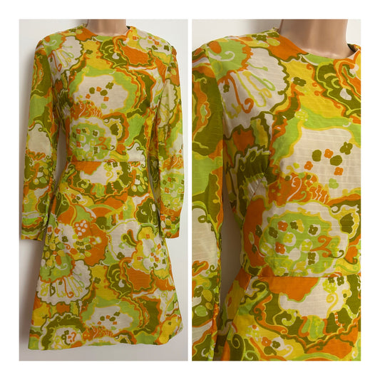 Vintage 1960s Size 12 Orange Green & Mustard Yellow Psychedelic Floral Pleated Mod Dress