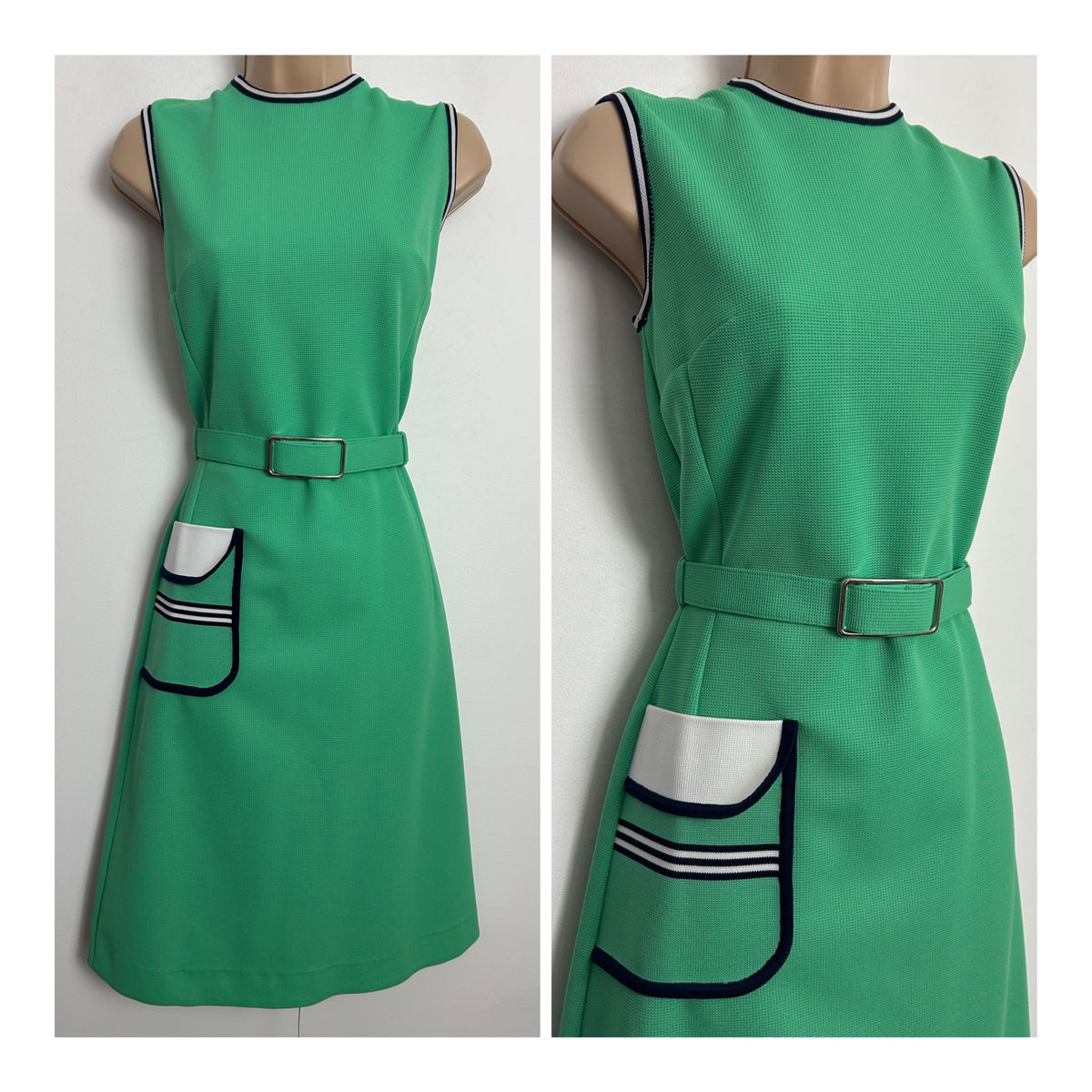 Vintage 1960s LEROSE Size 8 Green Piping Trim Belted Pocket Detail Mod Dress