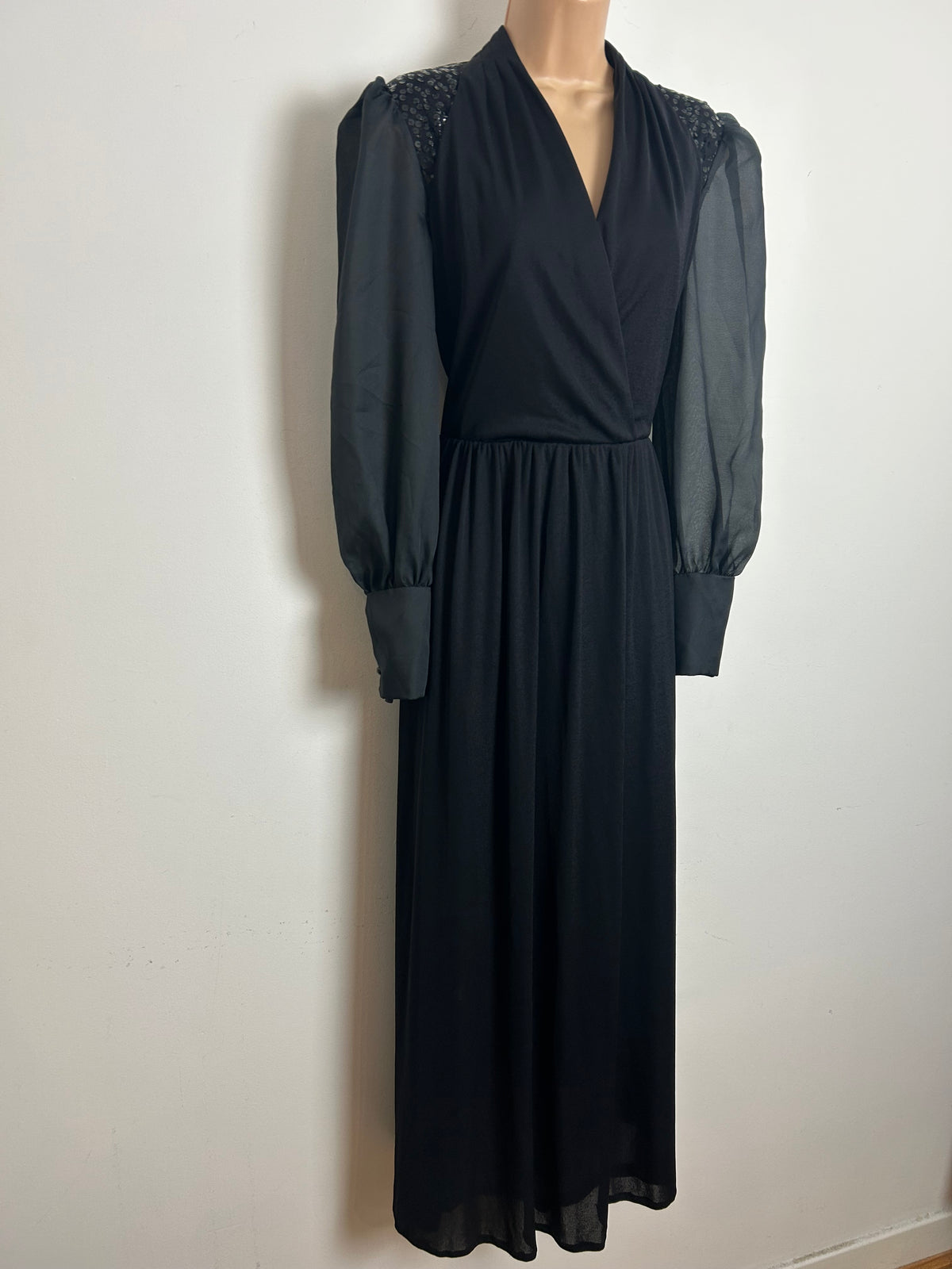 Vintage Early 1980s Size 10-12 Black Sequin Detail Long Sleeve Evening Maxi Dress