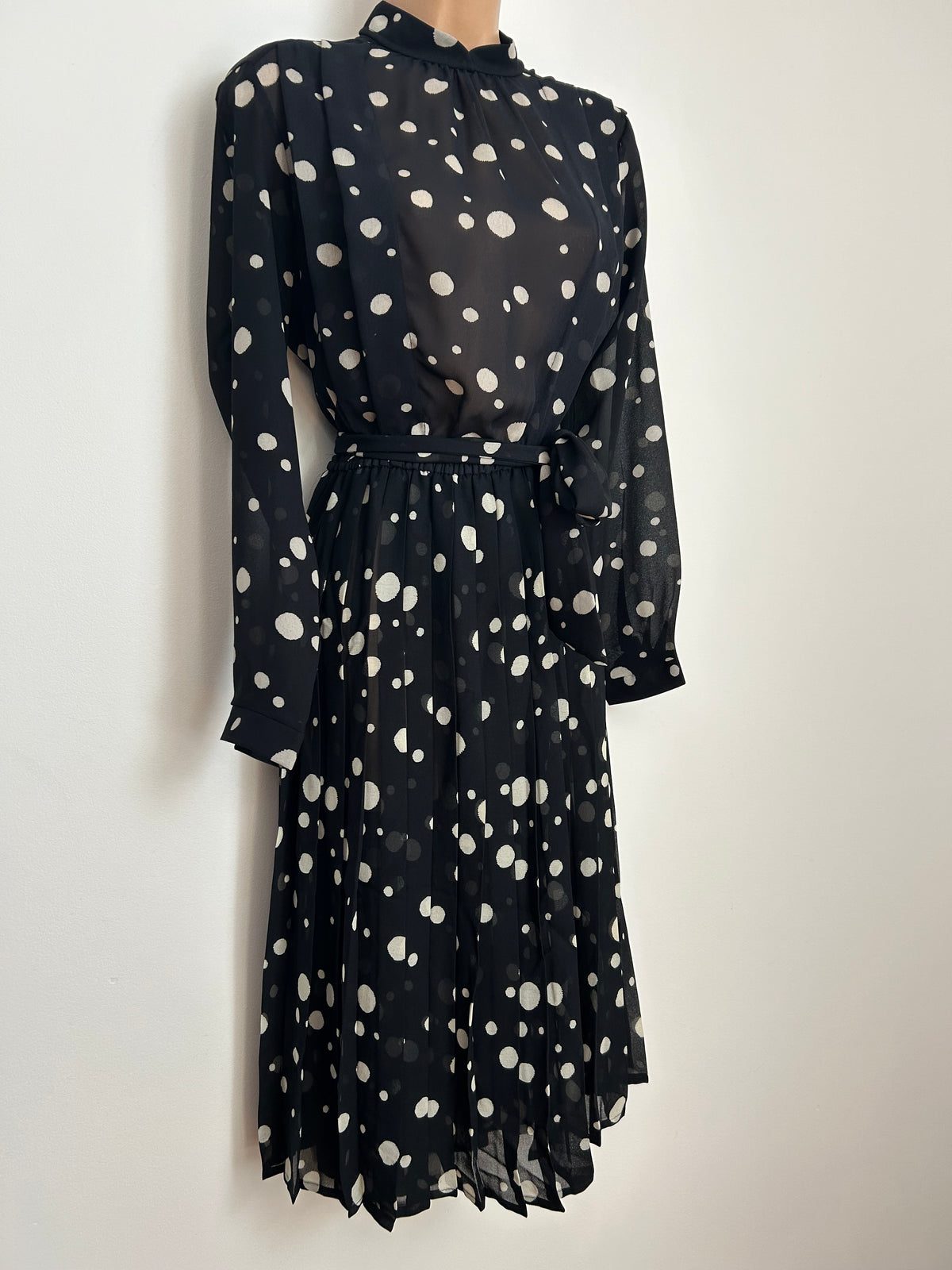 Vintage Early 1980s ST MICHAEL Size 12 Black & White Polka Dot Spot Print Belted Pleated Dress
