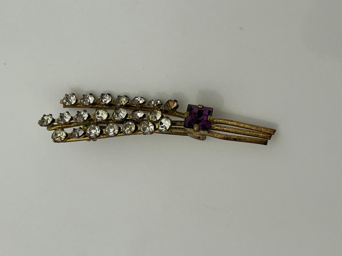 Vintage 1940s 1950s Gold Tone Base Metal Diamante & Purple Stone Set Foliage Pin Brooch
