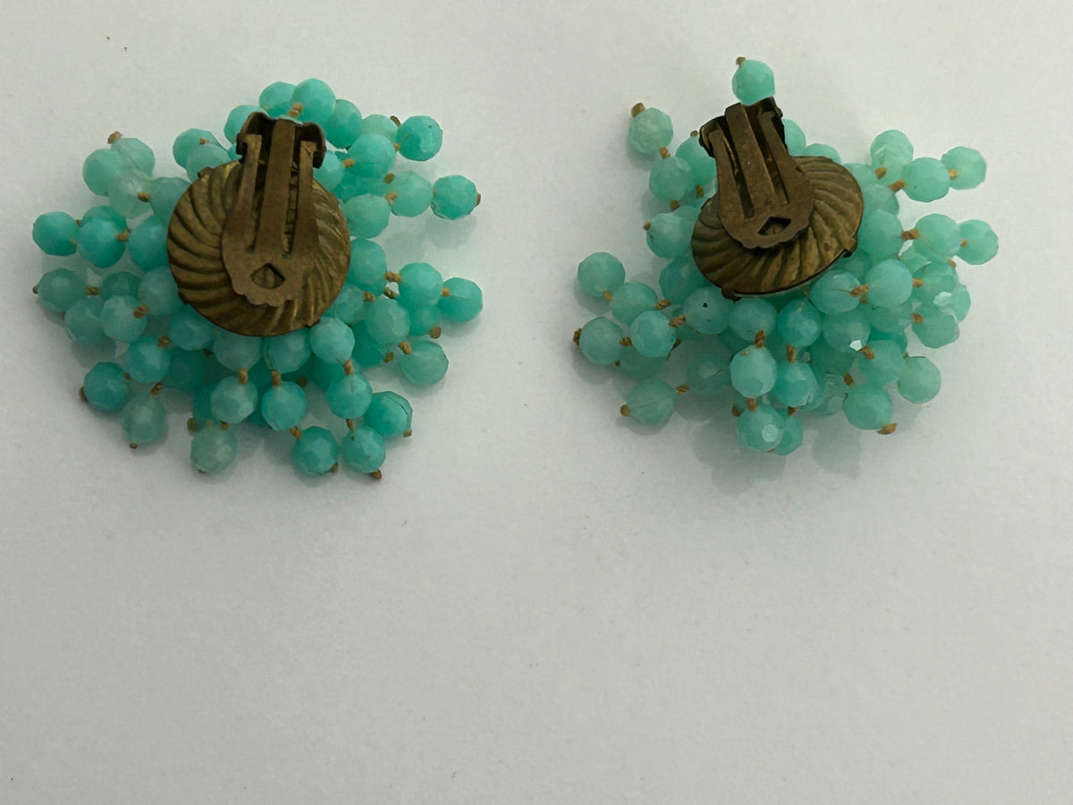 Vintage 1960s Greeny Blue Plastic Bead Clip On Earrings