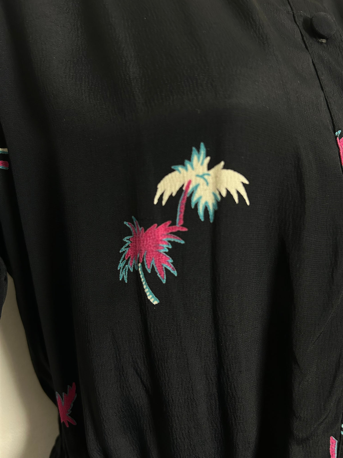 Vintage 1980s Size 10-12 Black Pink & White Palm Tree Print 1940s Style Day Dress