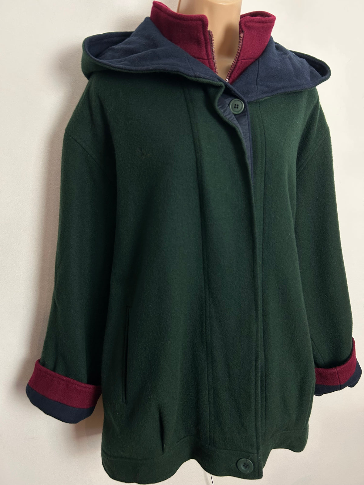 Vintage 1980s HERMAN KAY PETITES Up To Size 14-16 Dark Green Red & Navy Wool Blend Hooded Jacket