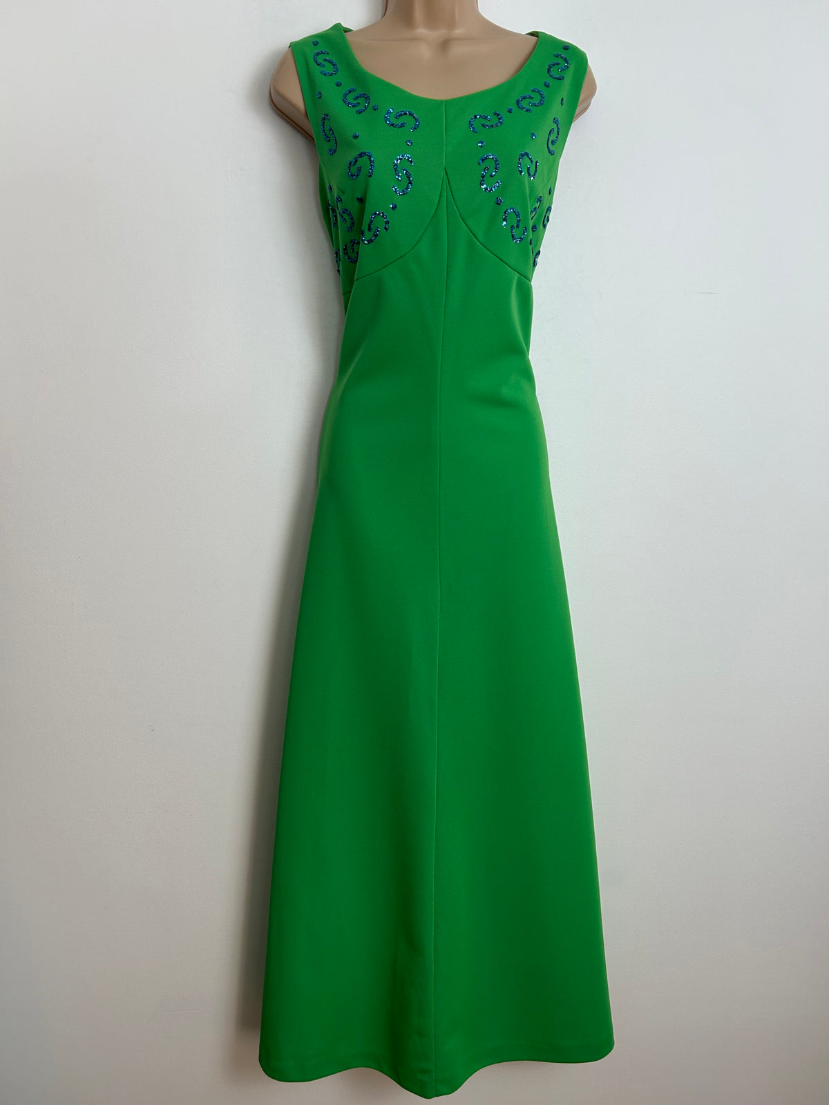 Vintage 1970s GO TO TOWN Size 12 Green Glittery Micro Sequin Embellishment Occasion Evening Maxi Dress