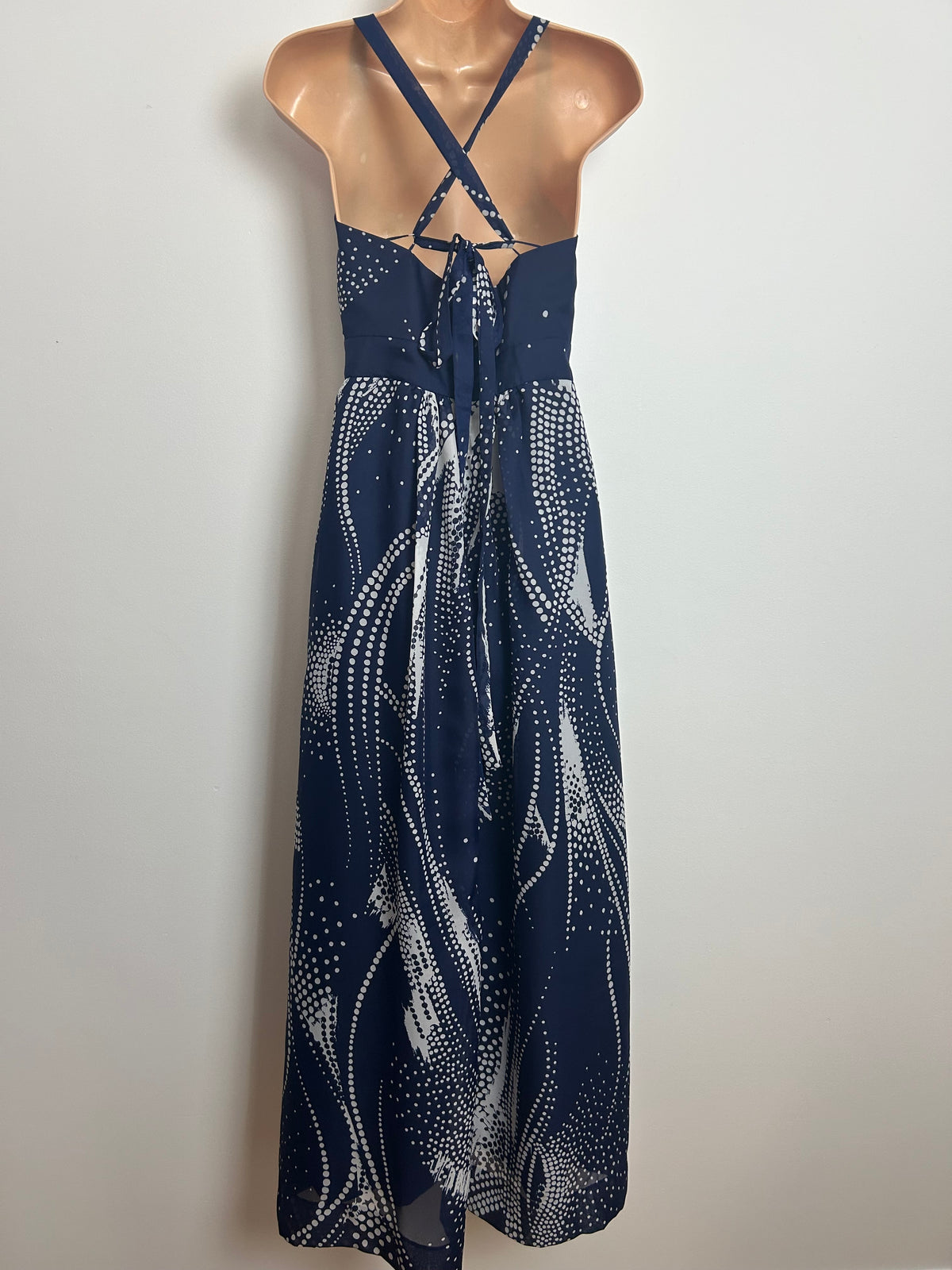 Vintage 1970s Size 6 Navy Blue & White Spotty Print Cross Strap Summer Occasion Maxi Dress