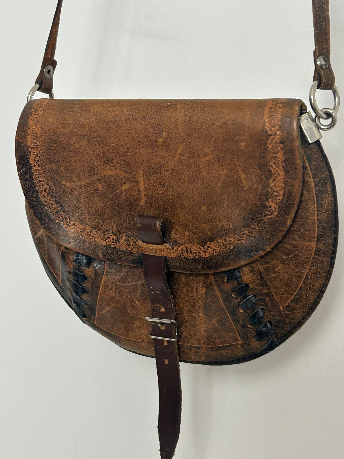 Vintage 1980s Small Handmade Distressed Western Style Crossbody Leather Saddle Bag