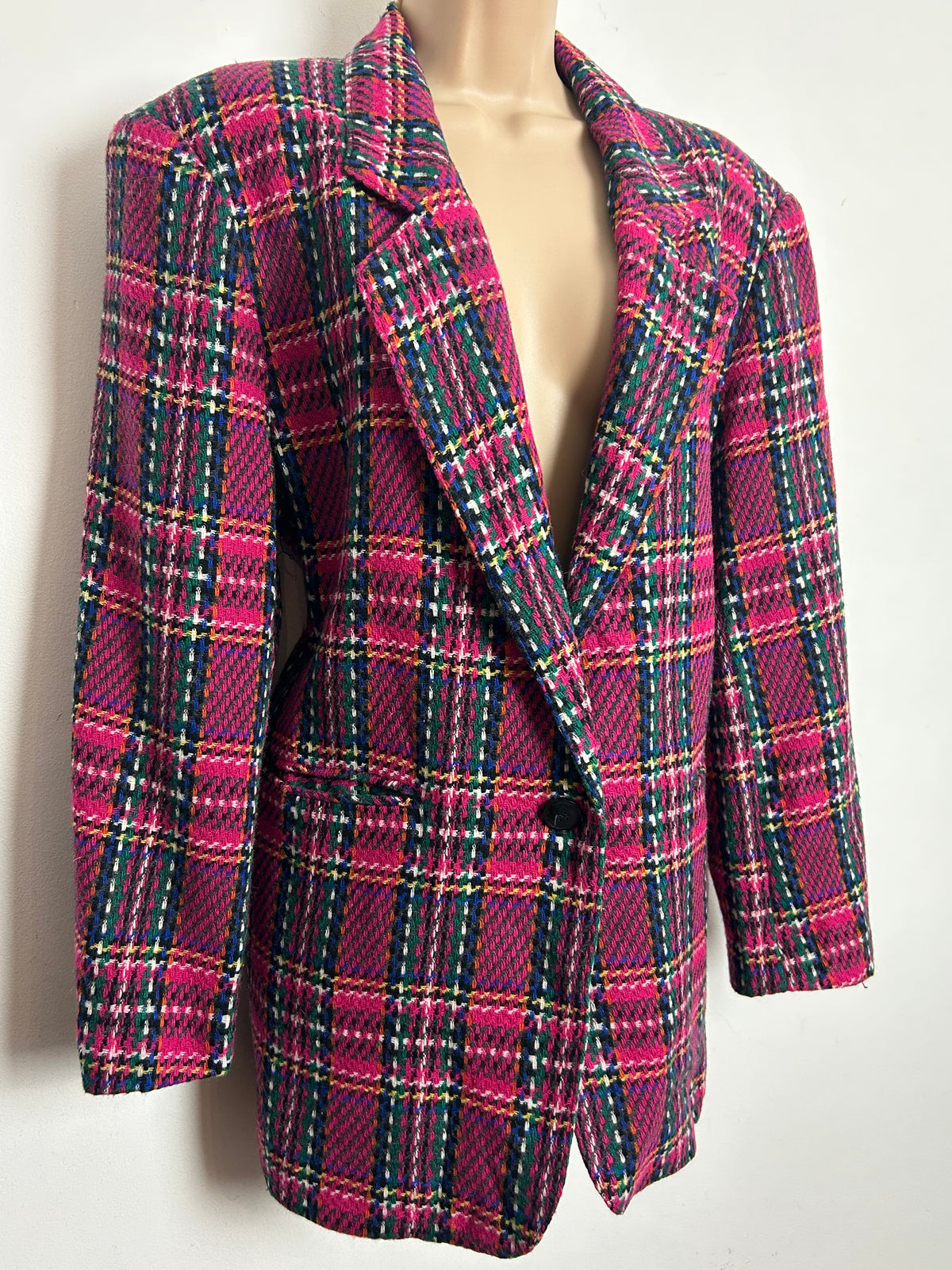 Vintage 1980s Size 14 Pink Green Blue & Yellow Check Print Wool Mix Blazer