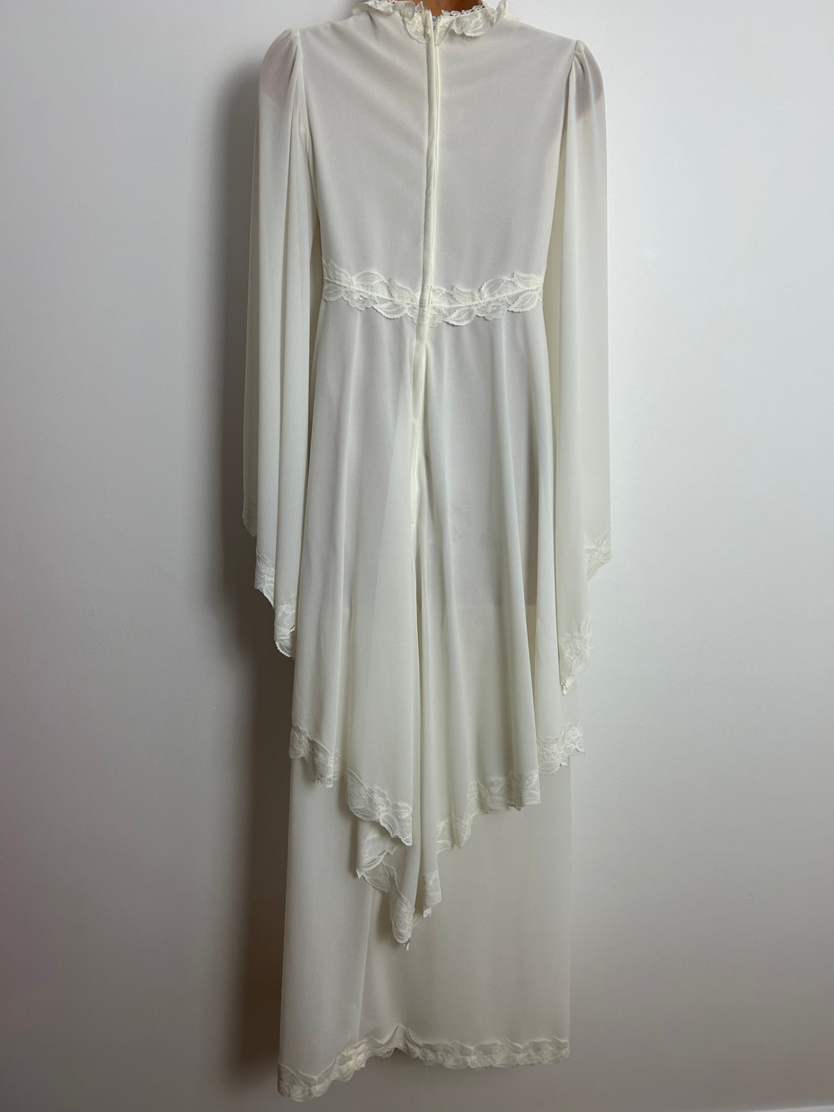 Vintage 1970s MARMENTS OF CARDIFF Size 6 White Lace Trim Ethereal Layered Trumpet Sleeve Boho Maxi Dress