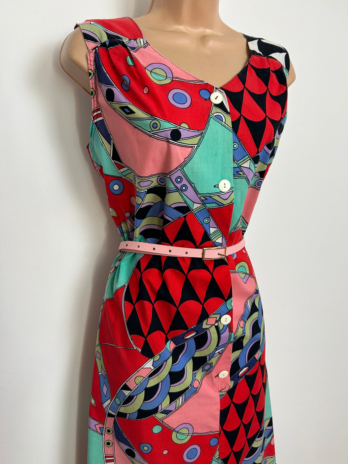 Vintage Early 1980s Size 14 Red Black Pink & Mint Green Abstract Print Cotton Belted Day Dress