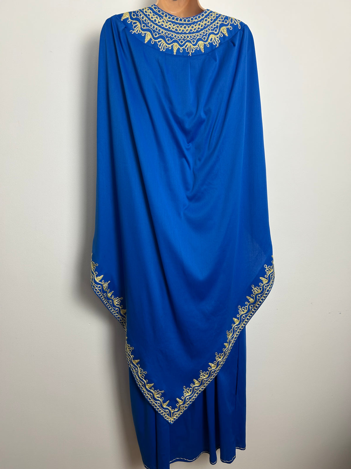 Vintage One Size Up To Size 16 Royal Blue & Gold Embroidered Caped Occasion Kaftan Maxi Dress