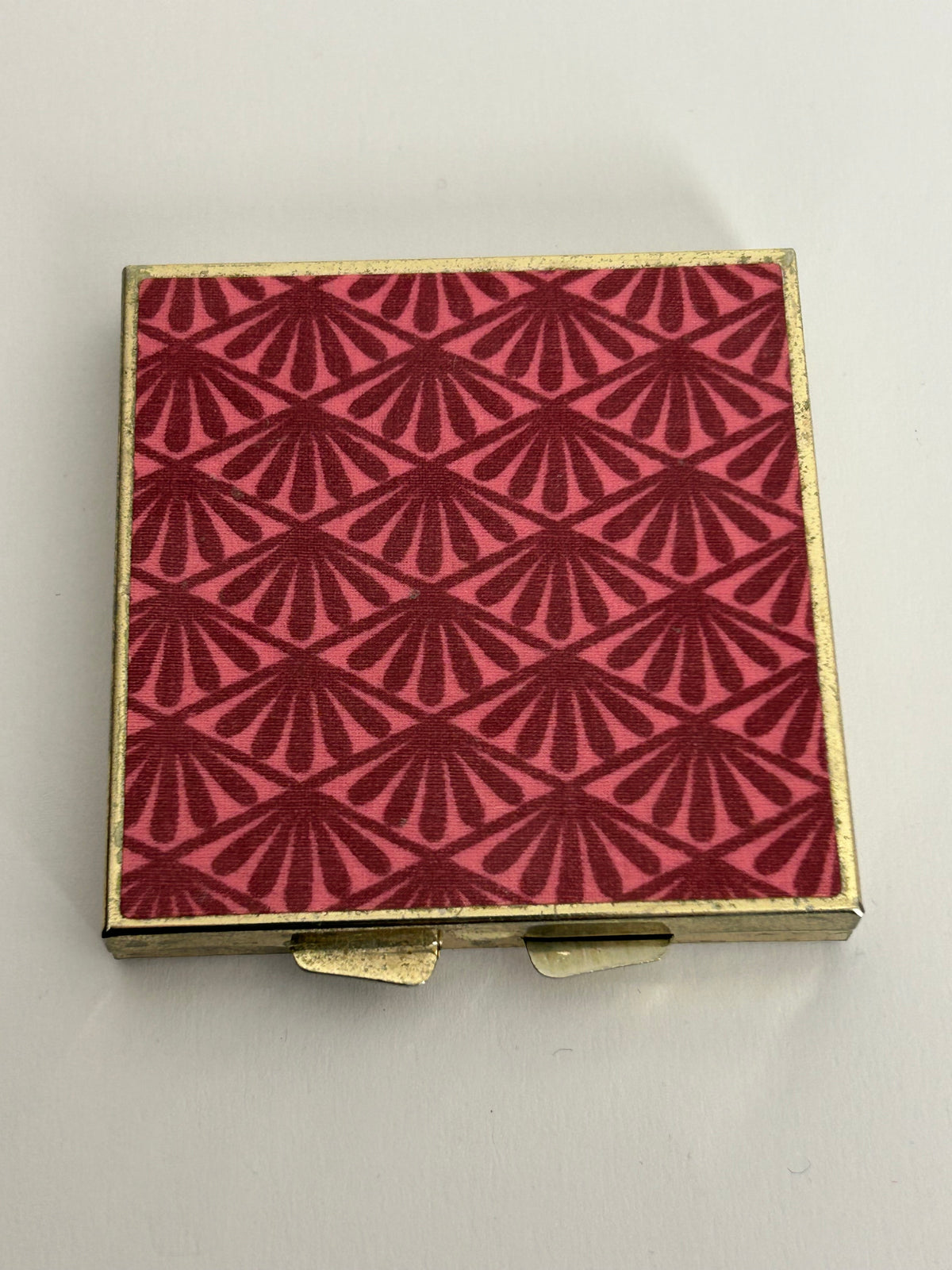 Vintage Silver Tone Base Metal Pink Deco Pattern Square Compact Mirror