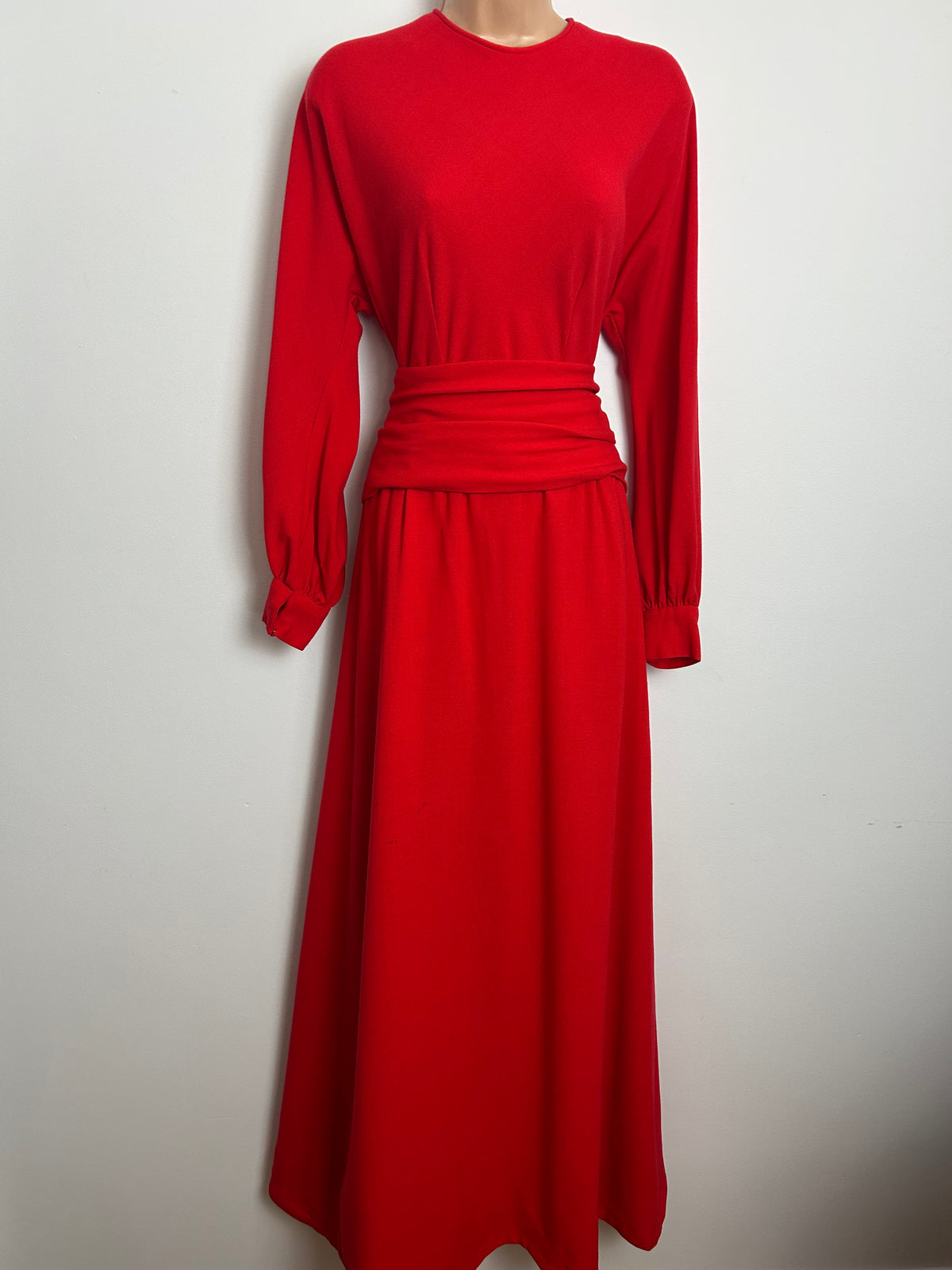 Vintage Early 1970s JEAN ALLEN Size 8 Red Long Dolman Sleeve Cummerbund Belted Occasion Maxi Dress