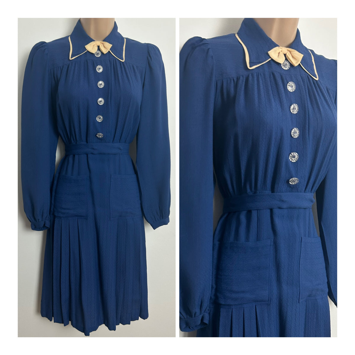 Vintage Late 1940s Post War Blue Rayon Belted Pleated Pocket Detail Tea Dress 8-10
