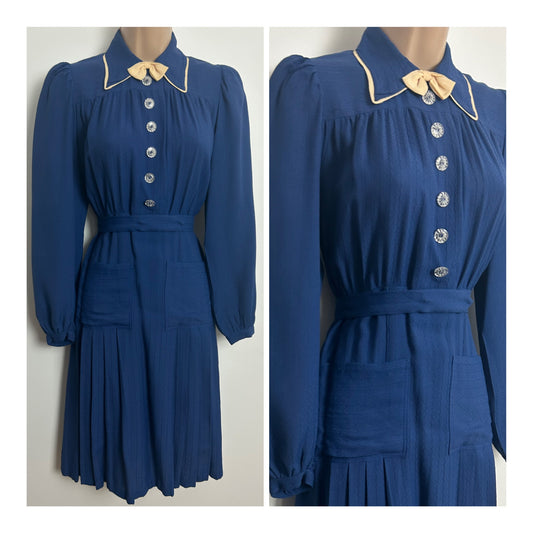 Vintage Late 1940s Post War Blue Rayon Belted Pleated Pocket Detail Tea Dress 8-10