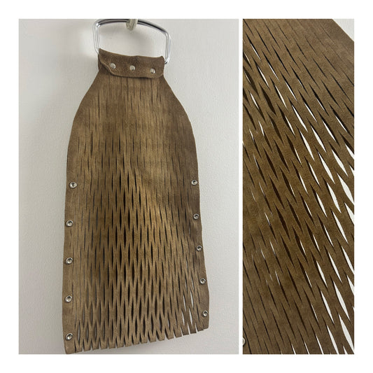 Vintage Late 1960s Beige Suede Leather Lattice Cutwork Stretchy Boho Bag