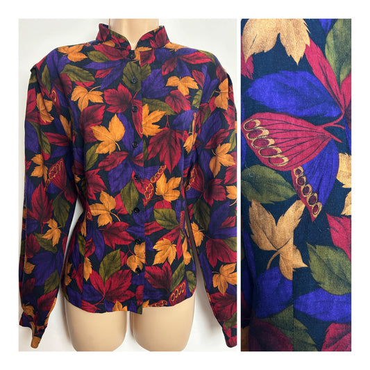 Vintage 1980s COUNTRY CASUALS Size 12 Black Red Orange & Purple leaf & Butterfly Print Pure New Wool Shirt