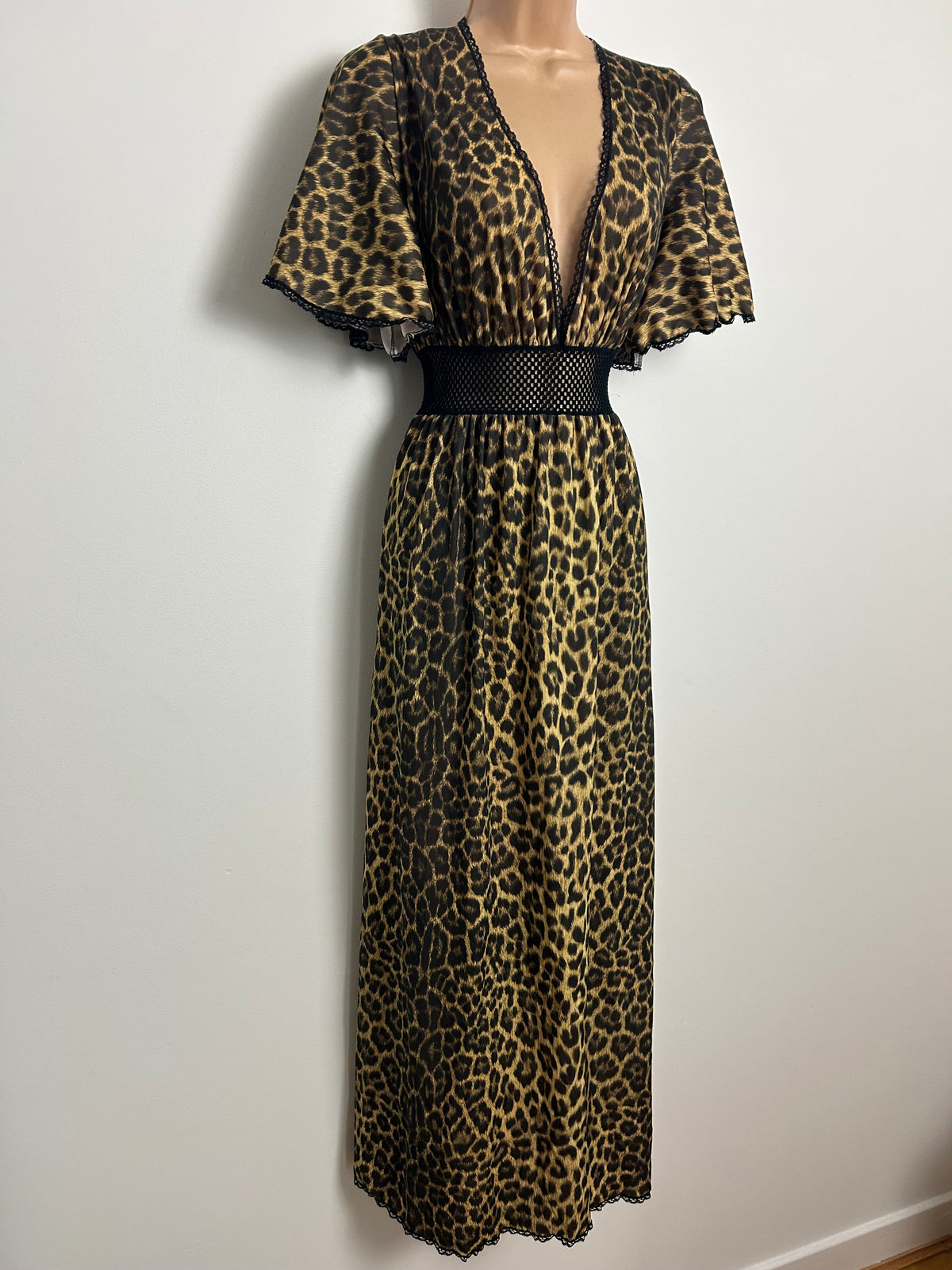 Vintage Late 1970s EUROBELLE Size 8-10 Leopard Print Flutter Sleeve Mesh Waist Panel Maxi Dress