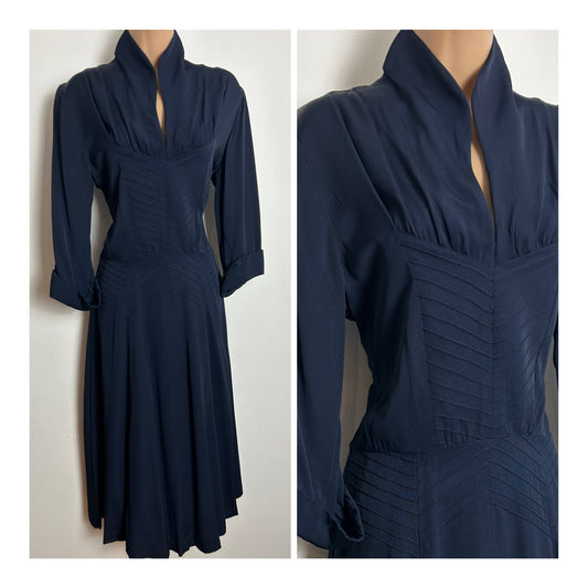 Vintage Original 1940s Size 12 Navy Blue Acetate Rayon Swan Collar Pintuck Pleated Dress