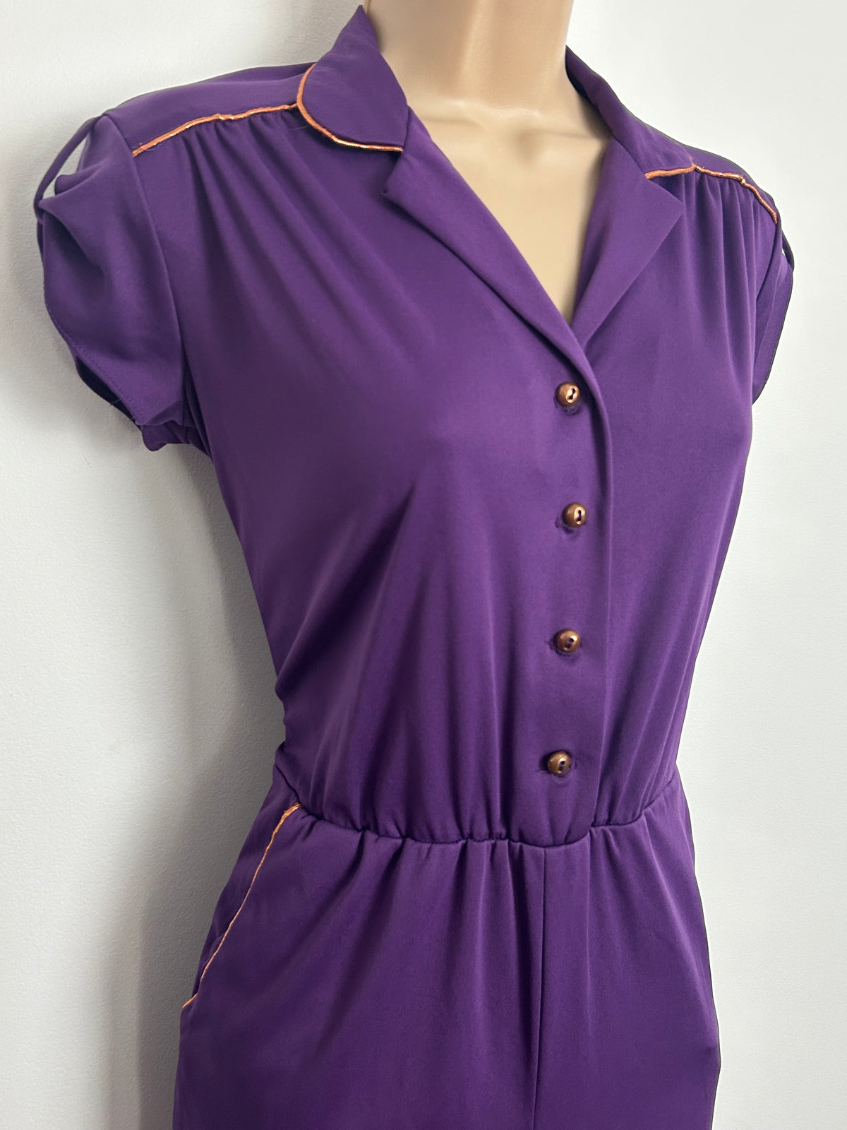 Vintage Early 1980s J.C Penney Purple & Bronze Piping Trim Straight Leg Jumpsuit