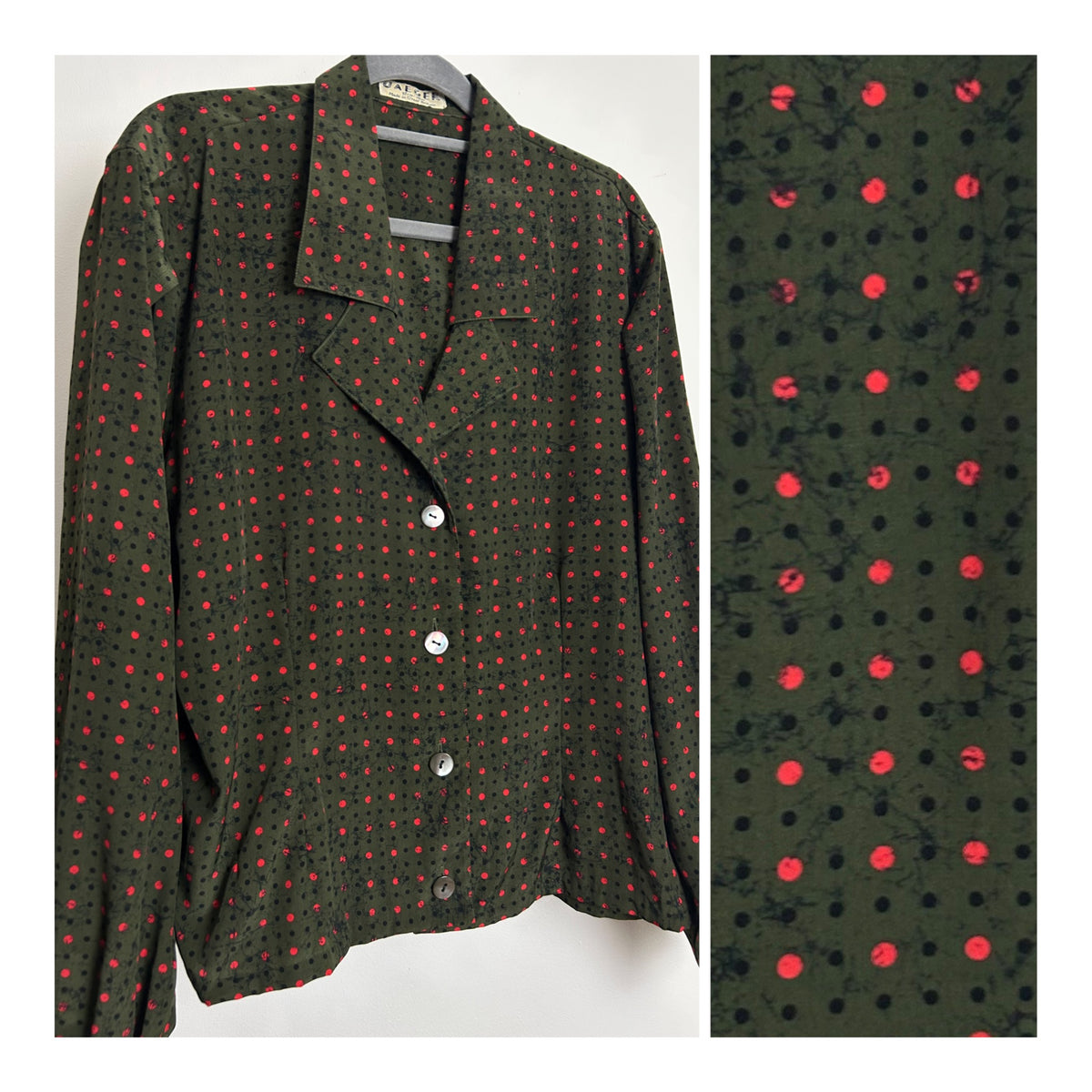 Vintage 1970s JAEGER Size 14 Dark Green Red & Black Polka Dot Print Long Sleeve Blouse/Top