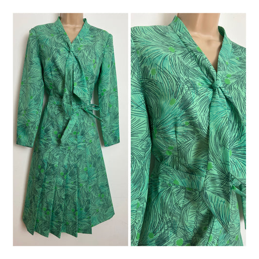 Vintage Early 1970s Size 10 Green Abstract Floral Print Scarf neck Belted Pleated Day Dress
