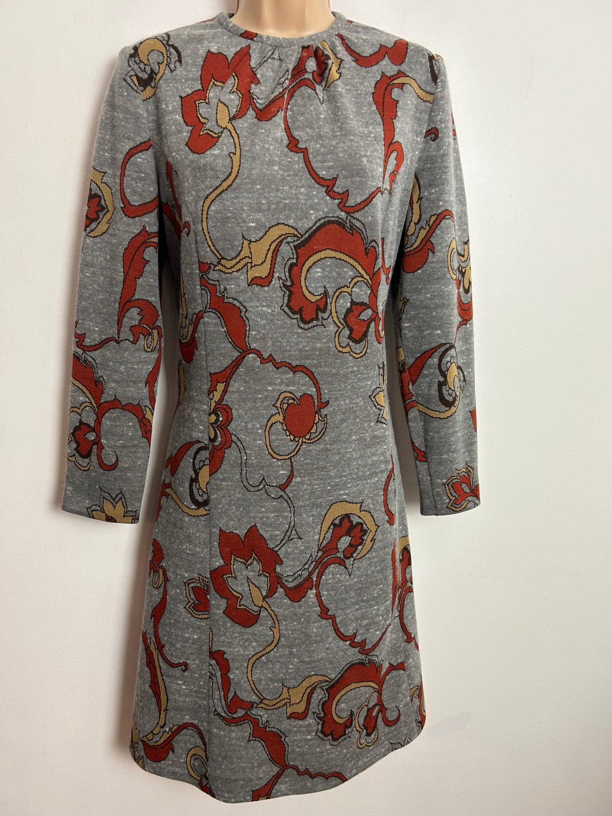 Vintage 1960s ST MICHAEL UK Size 14 Grey & Rusty Brown Abstract Print Wool Mix Mod Shift Dress