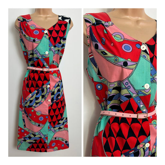 Vintage Early 1980s Size 14 Red Black Pink & Mint Green Abstract Print Cotton Belted Day Dress