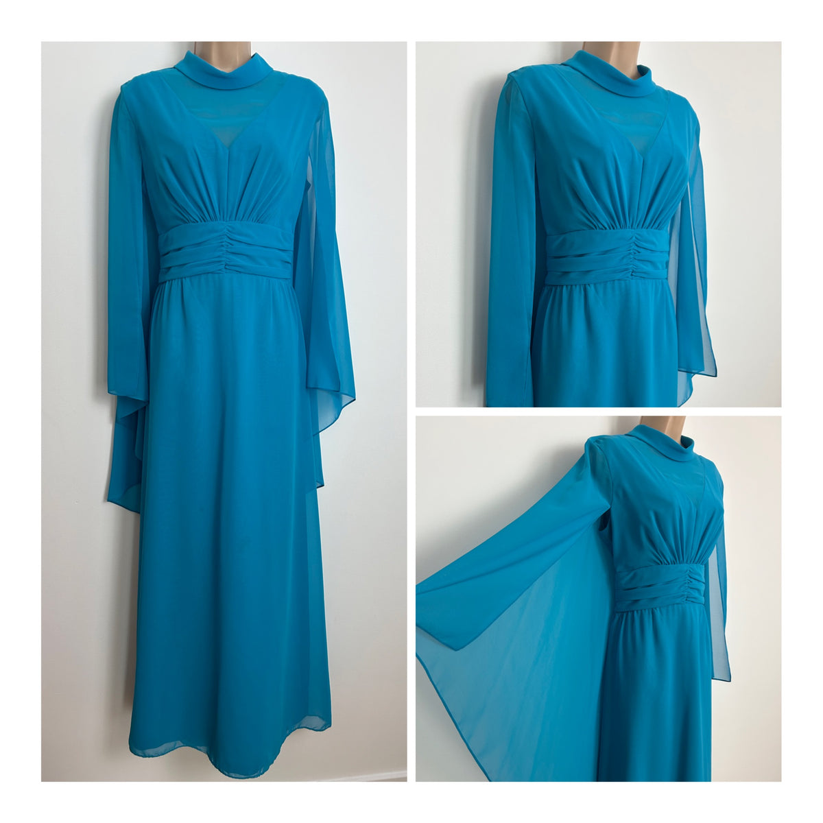 Vintage 1960s CARNEGIE OF LONDON Size 12 Turquoise Blue Chiffon Capelet Cape Sleeve Occasion Dress