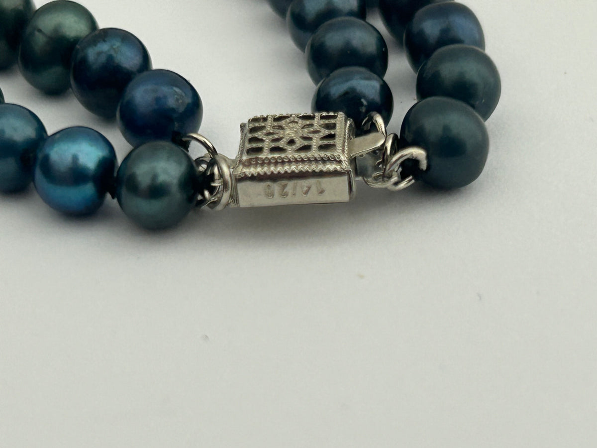 Vintage Blue Dyed Real Cultured Pearl Double Strand Bracelet With 14k Gold Filled Box Clasp