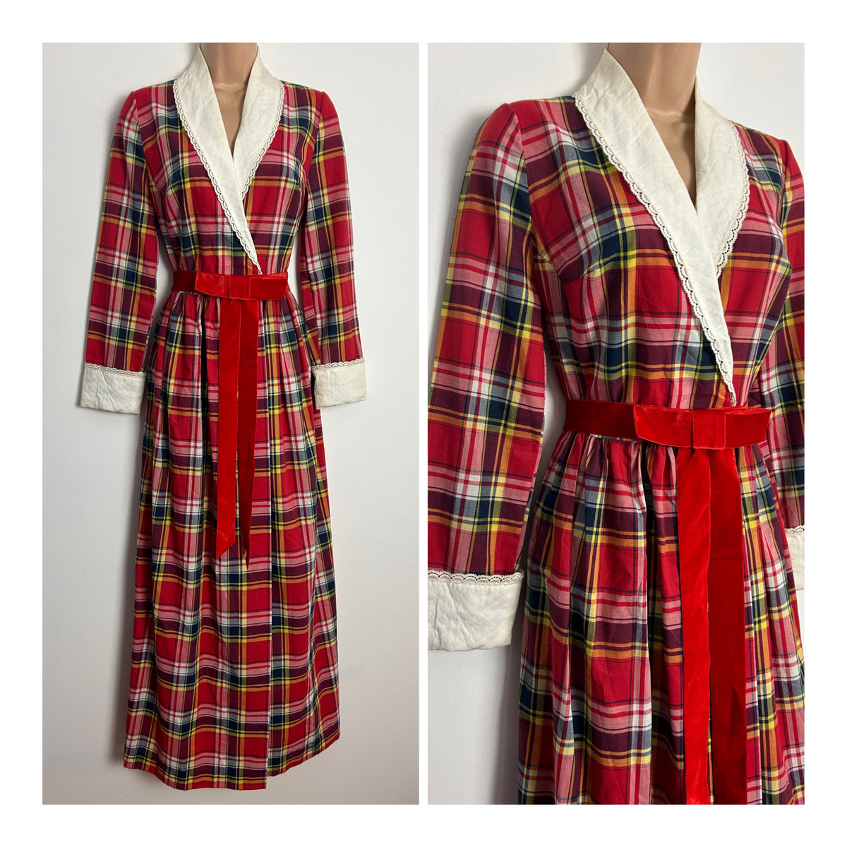 Vintage 1970s FURSTENBERG UK Size 10 Red Tartan Check Removeable Collared Full Wrap Belted Maxi Dress