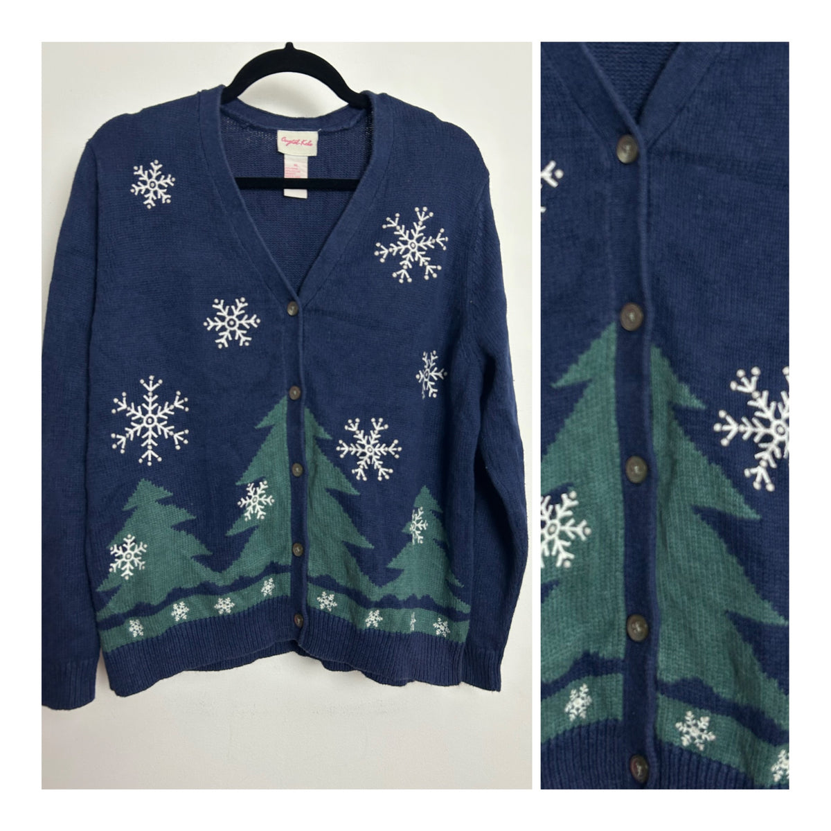 Vintage 1990s CRYSTAL KOBE Navy Winter Xmas Tree Christmas Cardigan Up To Size 16-18
