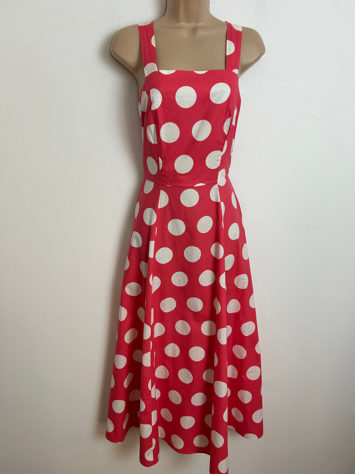 Vintage 1980s LAURA ASHLEY UK Size 10 (Size 14 On Label) Pinky Red & White Spot Polka Dot Print Summer Dress