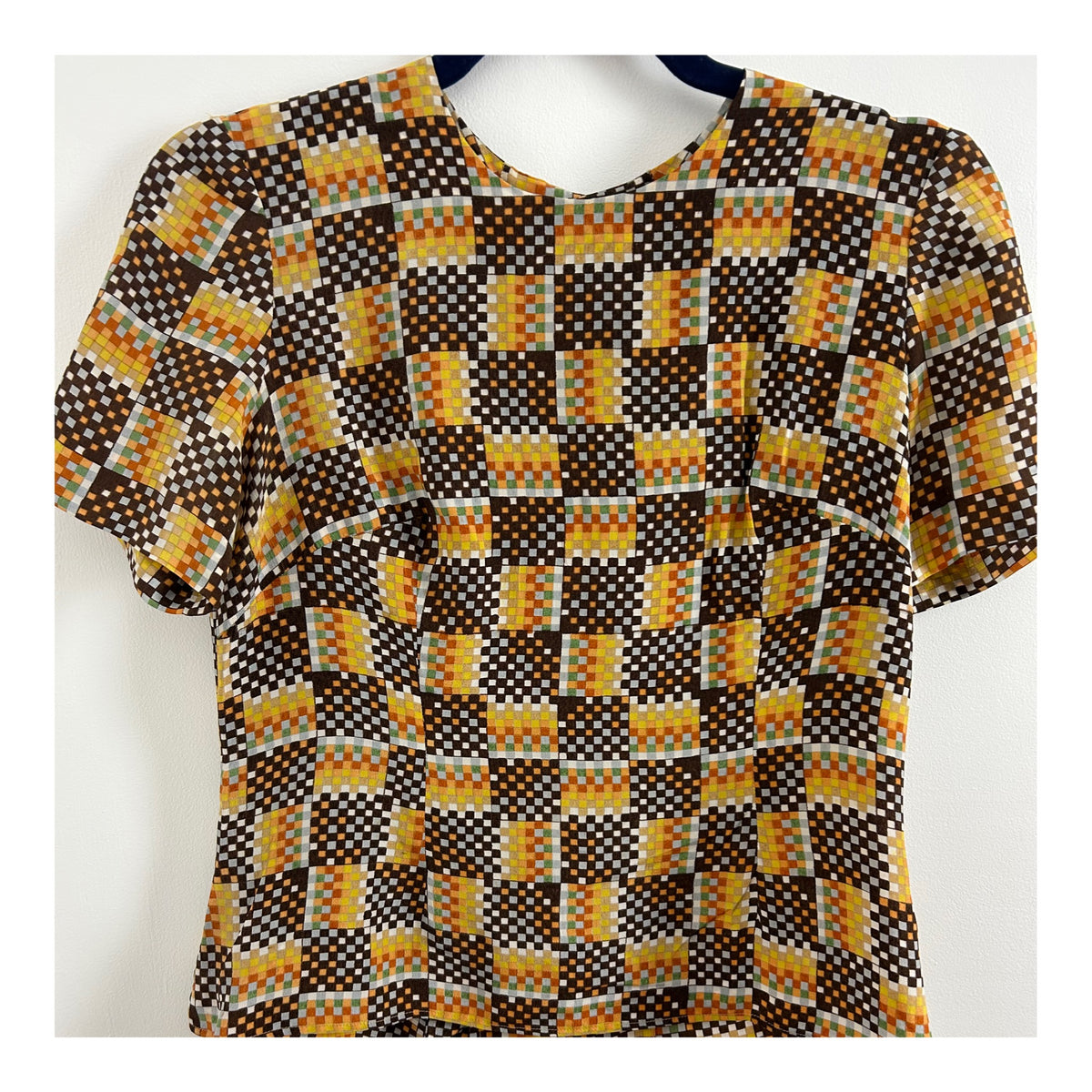 Vintage 1970s Size 10 Brown Mustard Rust Mix Square Grid Print Silk Button Back Blouse/Top