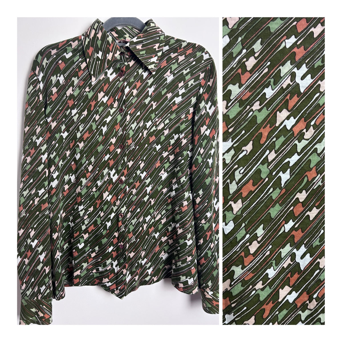 Vintage 1970s TRICOSA UK Size 14-16 Dark Green Abstract Stripe Print Long Sleeve Shirt