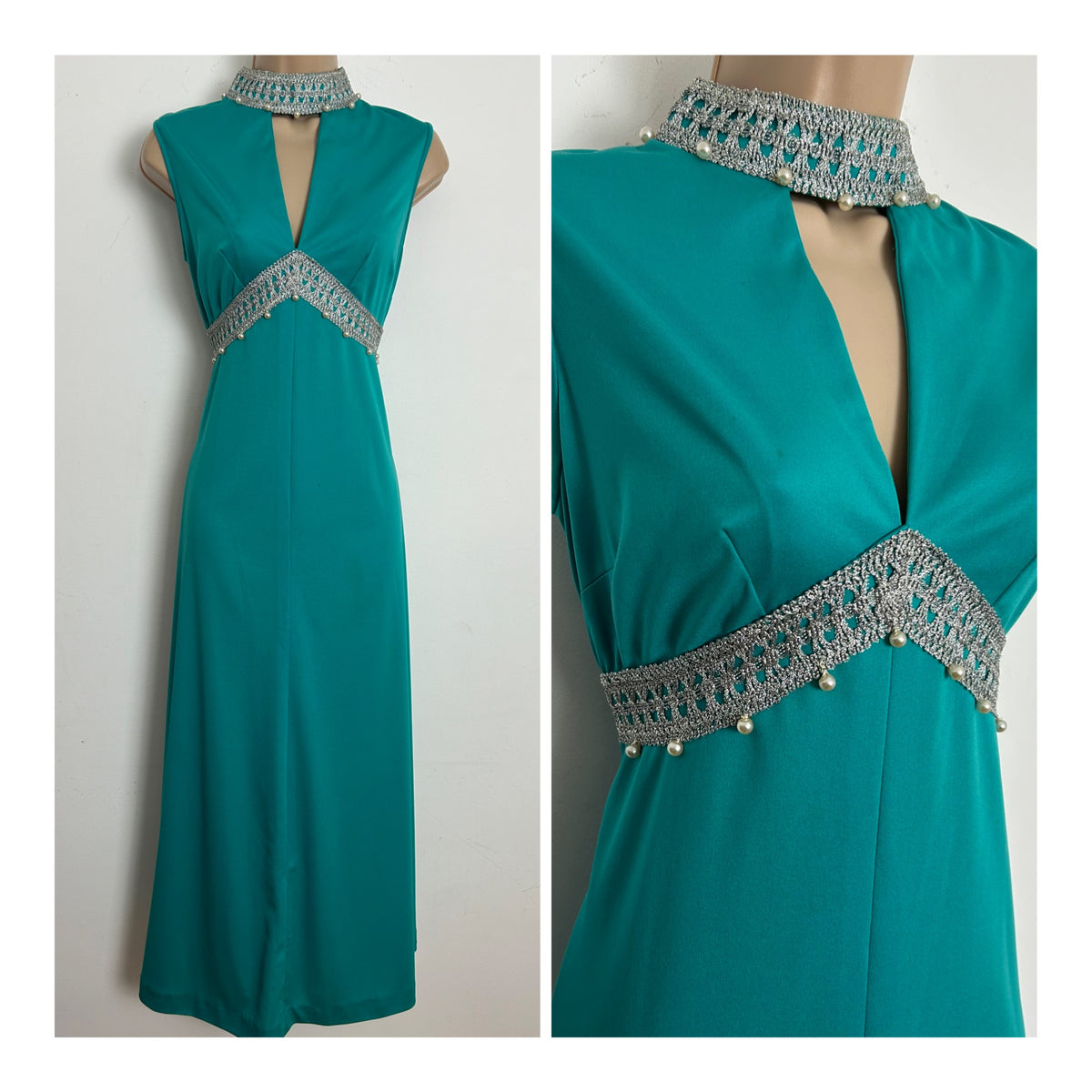 Vintage 1970s Size 10 Jade Green Silver Lace Trim Keyhole Sleeveless Occasion Maxi Dress