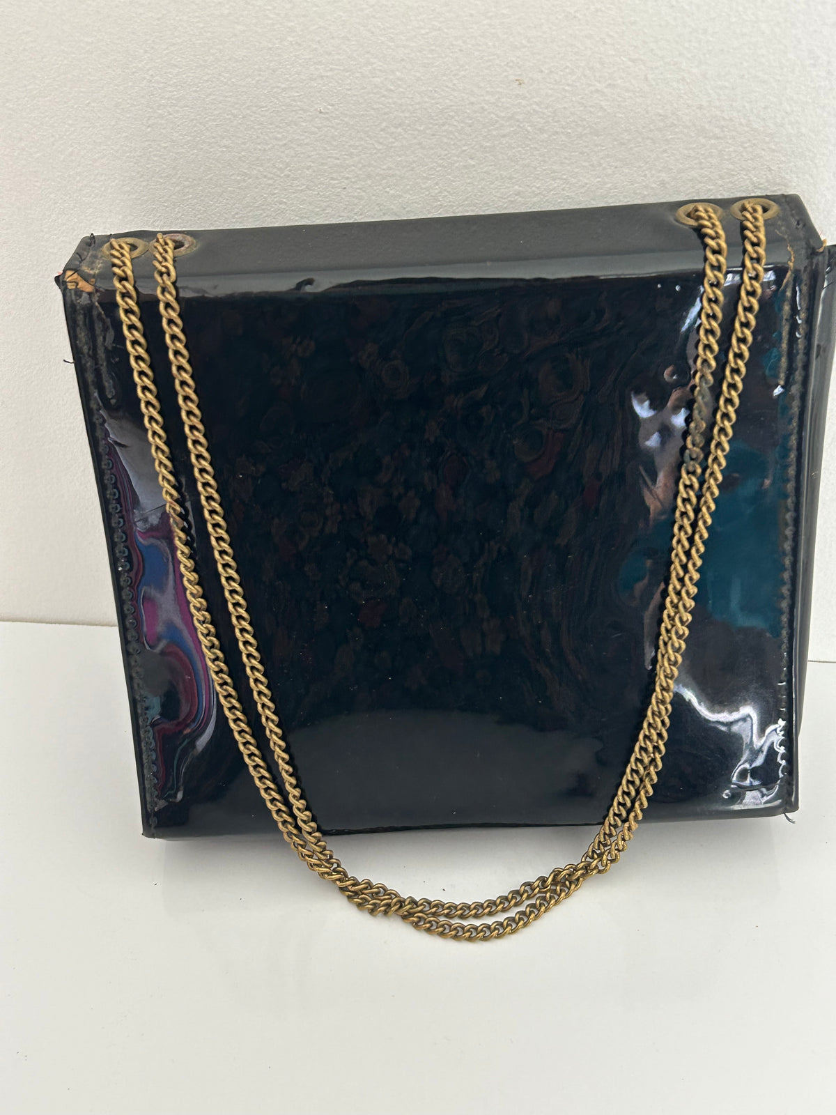 Vintage 1960s Black Patent Small Square Bag With Adjustable Chain Strap