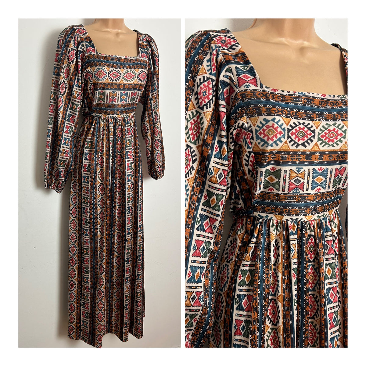 Vintage 1970s Size 6-8 Black Cream Rusty Brown & Red Abstract Print Long Sleeve Maxi Dress