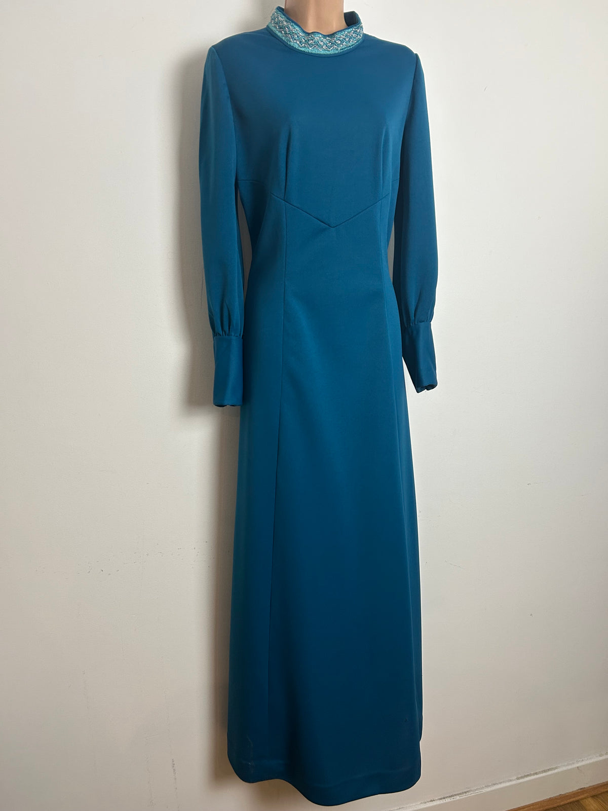 Vintage 1970s Size 12 Teal Braid Trim Long Sleeve Evening Maxi Dress