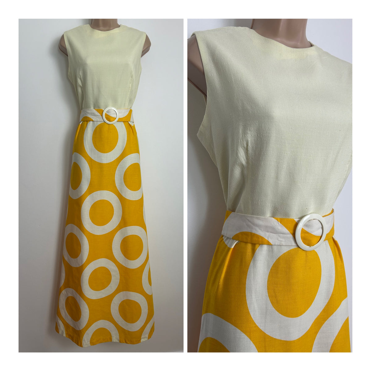 Vintage 1970s CAPRICCIOS BYROTER OF LONDON Size 10 Yellow White & Very Pale Lemon Circle Print Belted Maxi Dress