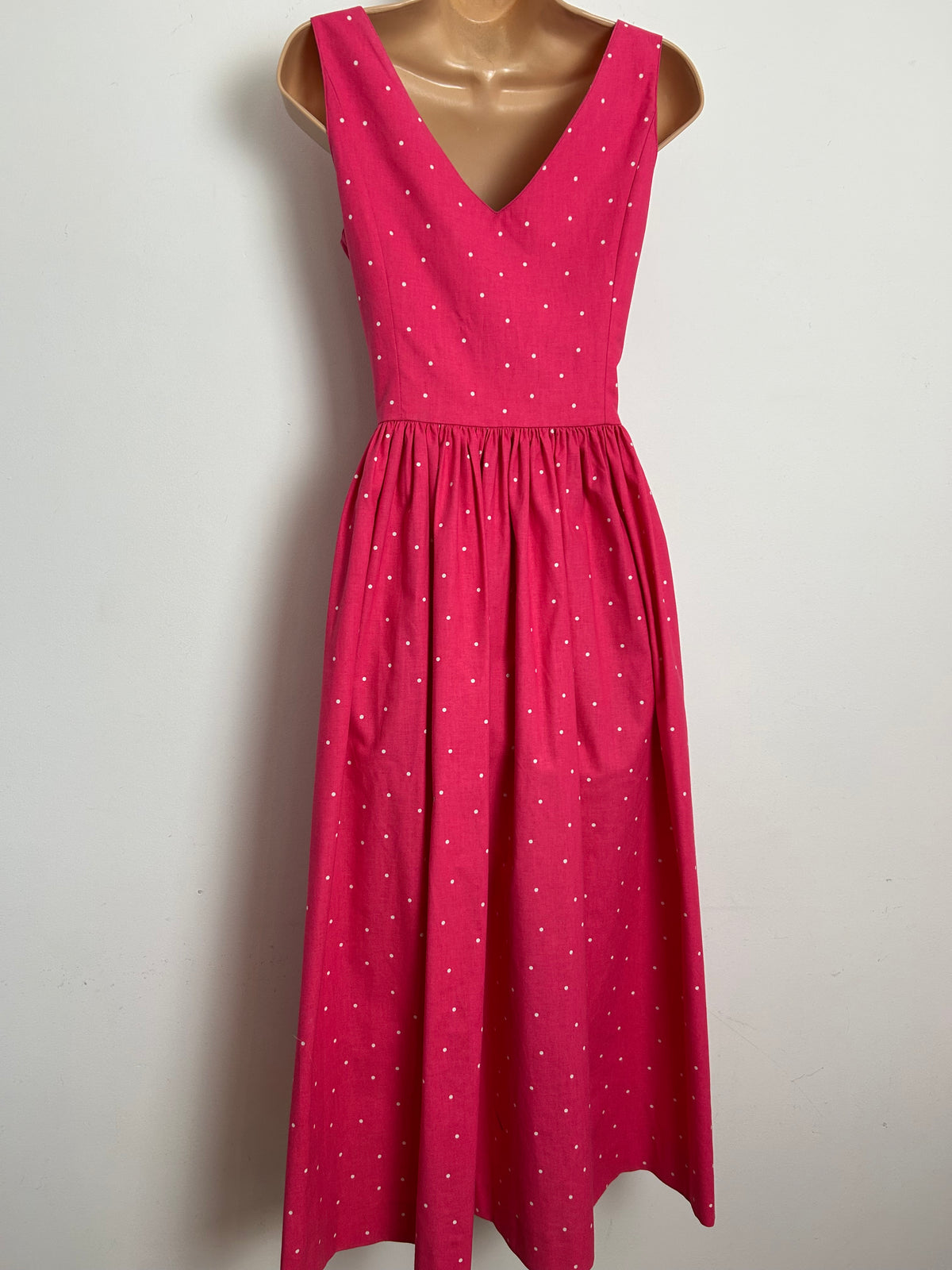 Vintage 1980s LAURA ASHLEY Size 8 (12 On Label) Hot Pink & White Polka Dot Print Cotton Midi Dress
