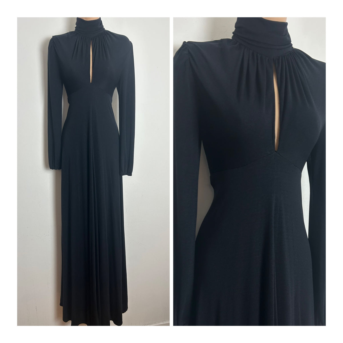 Vintage 1970s ZANIE Size 6-8 Black Long Sleeve Turtle Neck Keyhole Long Sleeve Maxi Dress