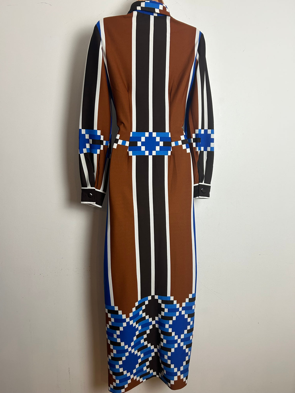 Vintage 1970s TRICOVILLE HANDFASHIONED Size 10 Brown Blue & White Stripe & Geo Print Long Sleeve Maxi Dress