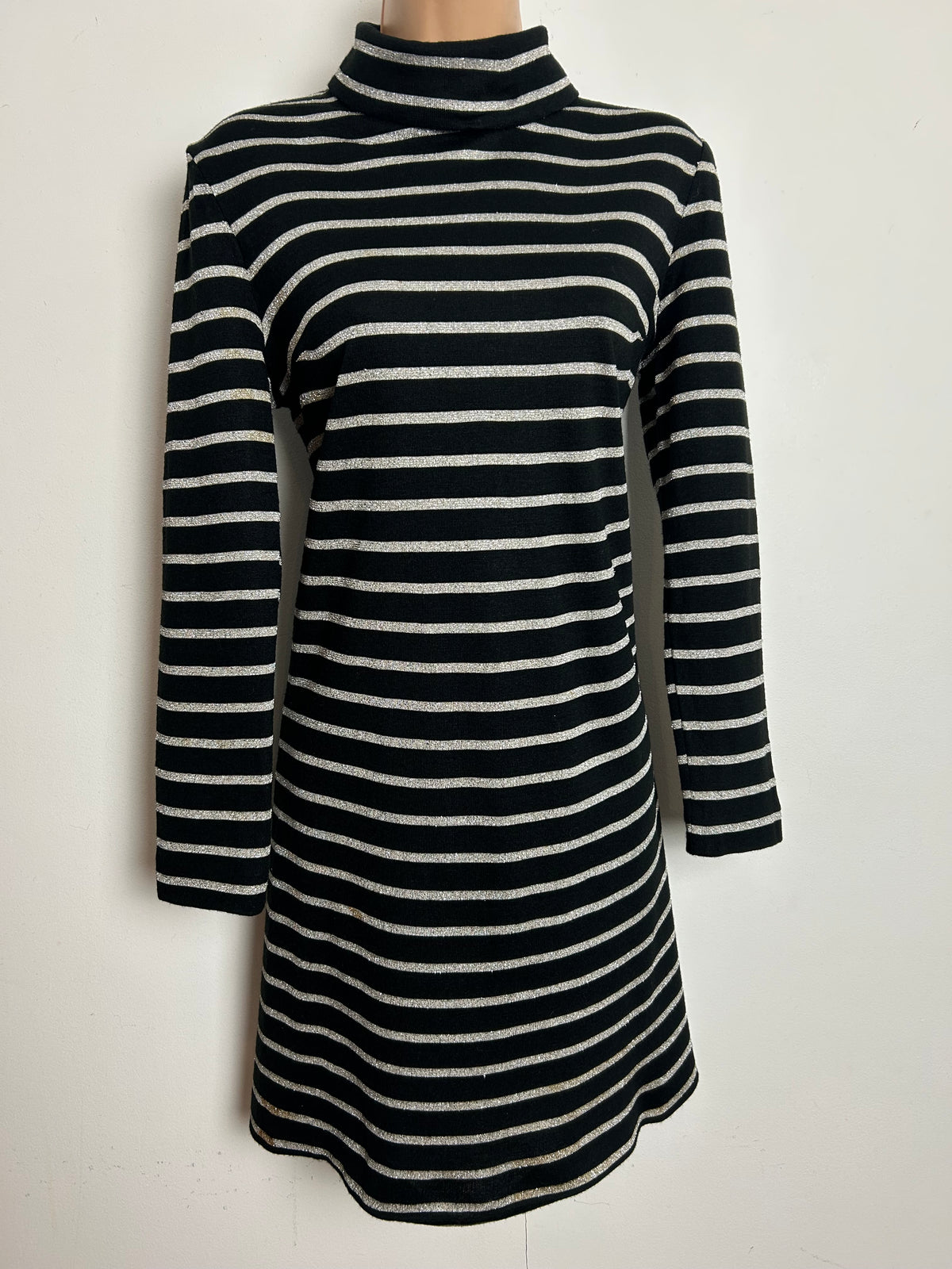 Vintage 1970s JOHN MARKS Size 12-14 Black & Silver Lurex Stripe Long Sleeve Shift Dress