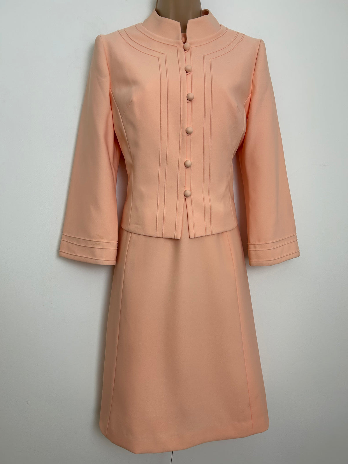 Vintage 1960s PEGGY FRENCH COUTURE Size 10 Peach Pintuck Pleat Detail Mod Dress & Matching Jacket