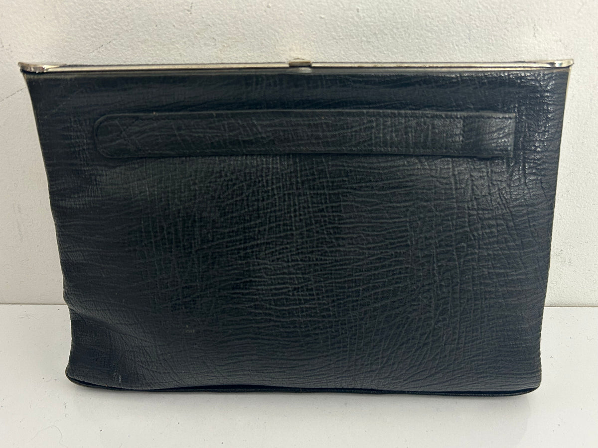 Vintage 1940s Black Leather Mock Reptile Framed Clutch Bag With Hand Strap