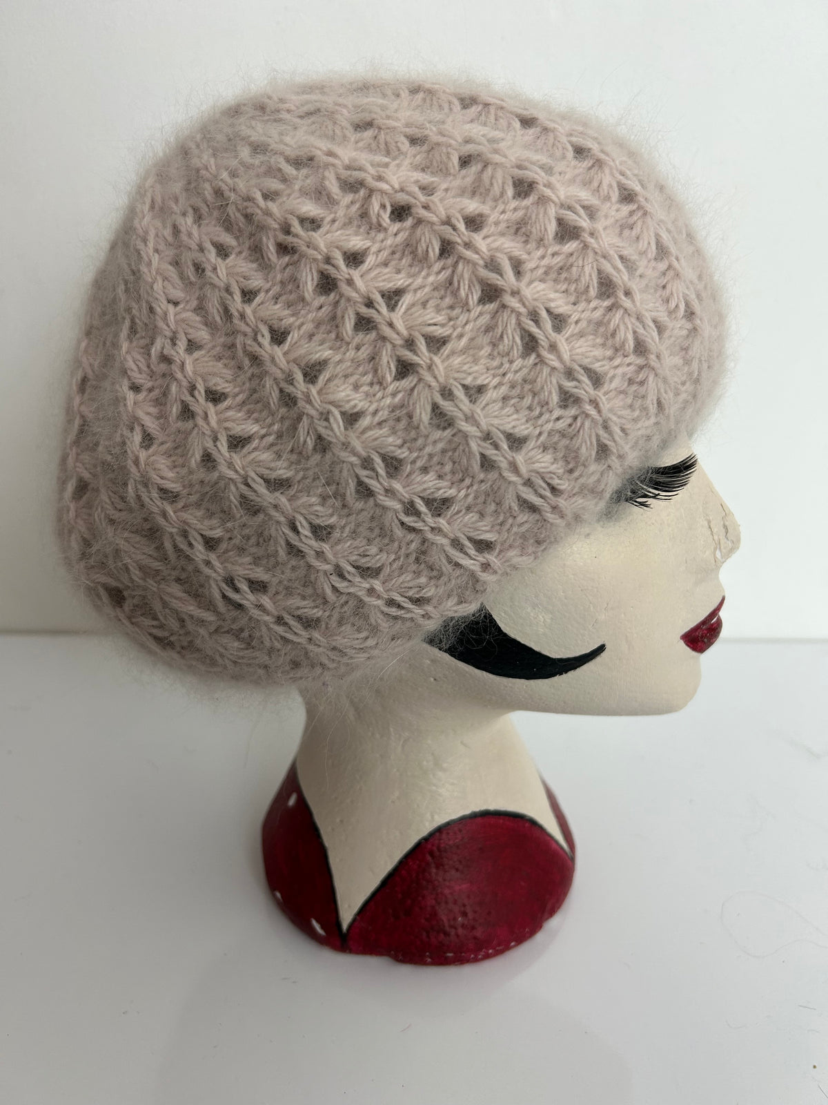 Vintage Pale Nude Pink Wool & Angora Chunky Knit Reversible Beanie/Beret Style Hat