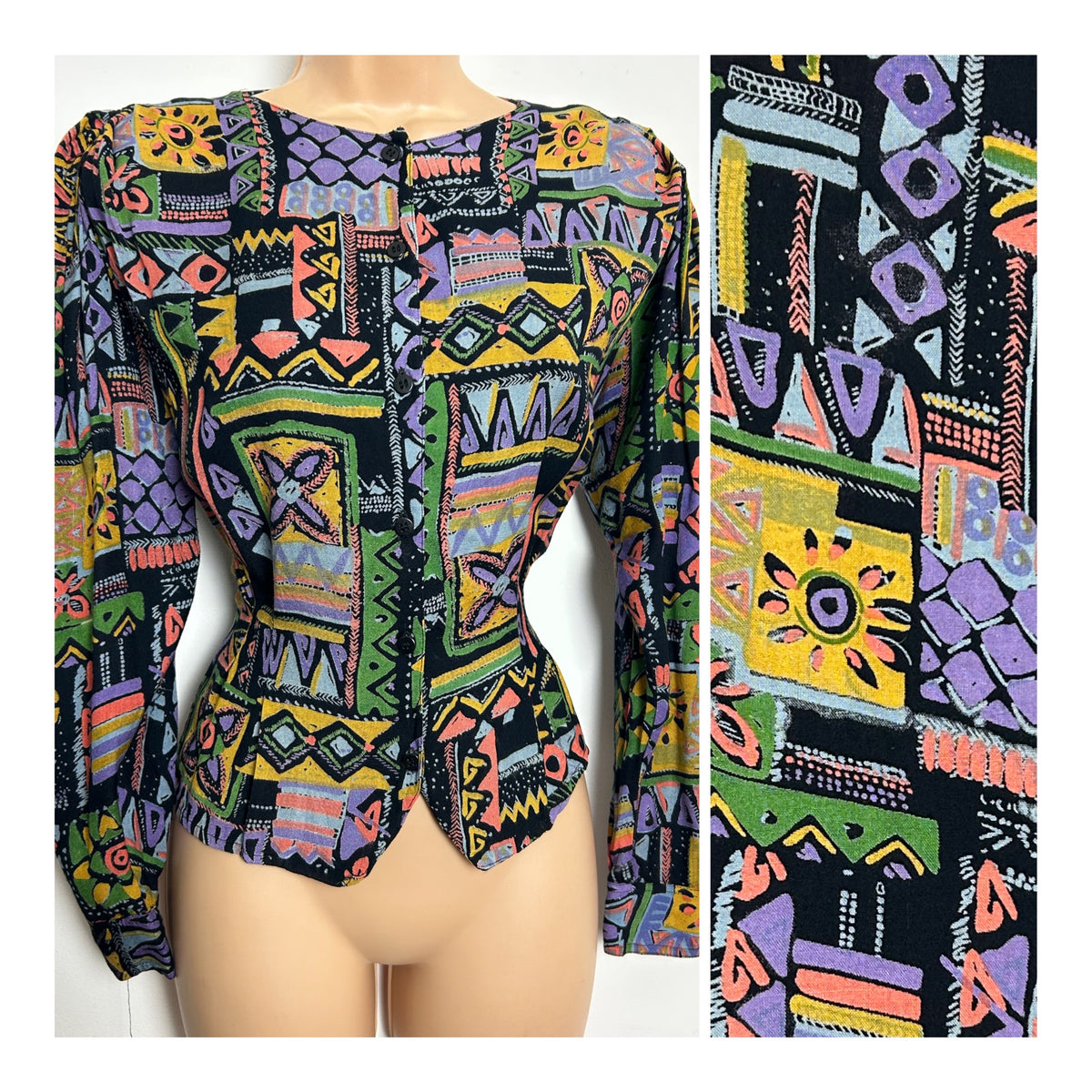 Vintage 1980s NEW FASHION Size 12 Black Multicolour Abstract Print Rayon Blouse